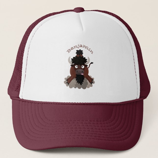 Funny buffalo bison cartoon illustration trucker hat (Front)