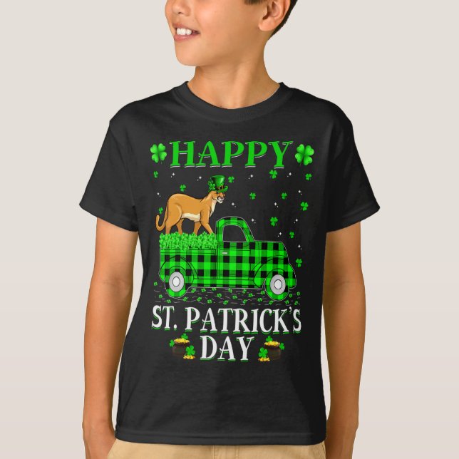 Funny Buffalo Plaid Green Truck Cougar St Patrick  T-Shirt (Front)