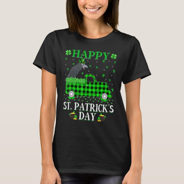 Funny Buffalo Plaid Green Truck Crow Bird St Patri T-Shirt (Front)