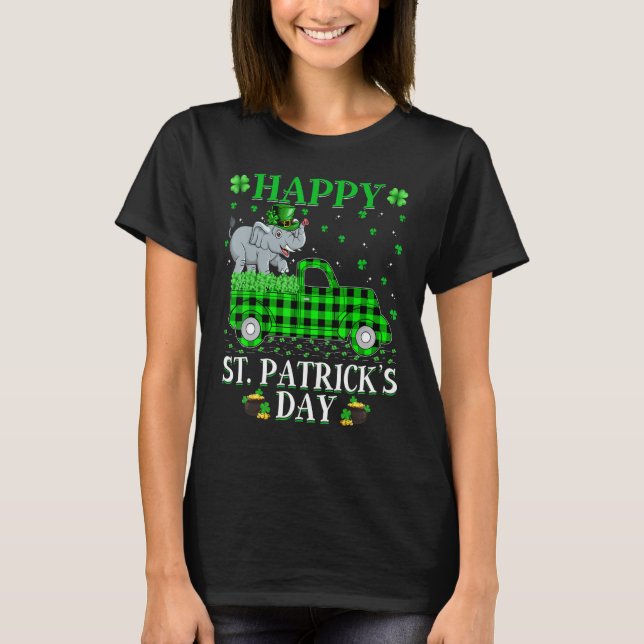 Funny Buffalo Plaid Green Truck Elephant St  Patri T-Shirt (Front)
