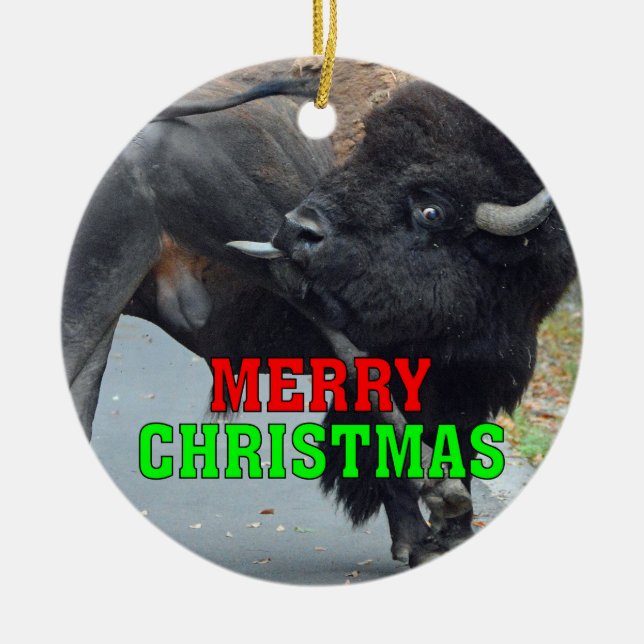 Funny Bull Bison Licking His Testicles Ceramic Tree Decoration (Front)