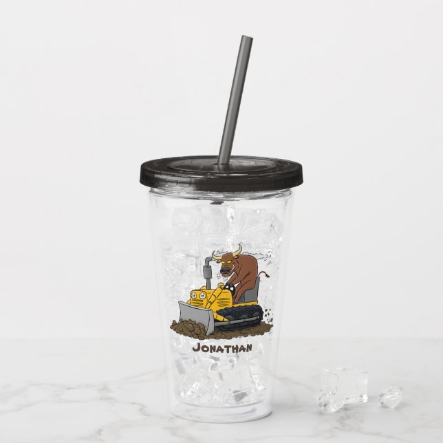 Funny bull driving bulldozer cartoon acrylic tumbler (Back Ice)