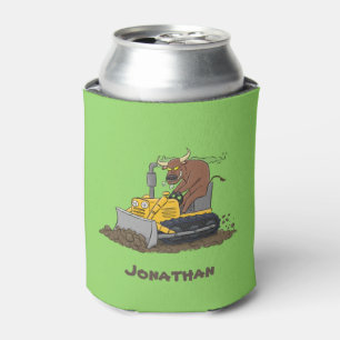 Funny bull driving bulldozer cartoon can cooler