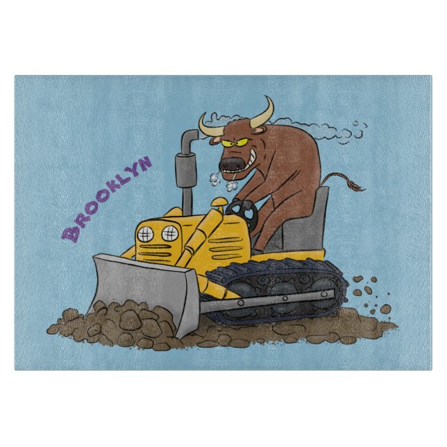 Funny bull driving bulldozer cartoon cutting board (Front)