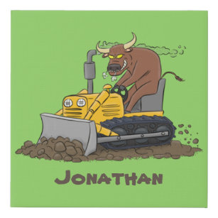Funny bull driving bulldozer cartoon faux canvas print