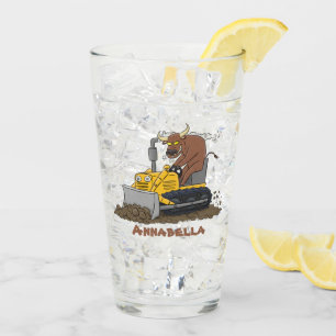 Funny bull driving bulldozer cartoon glass
