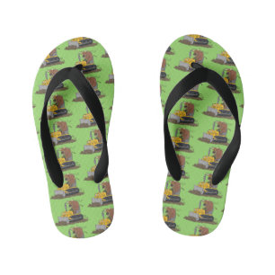 Funny bull driving bulldozer cartoon kid's jandals
