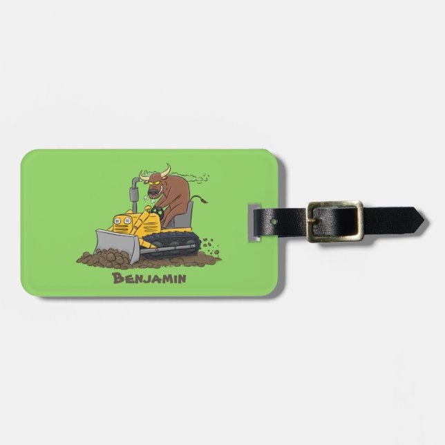 Funny bull driving bulldozer cartoon luggage tag (Front Horizontal)