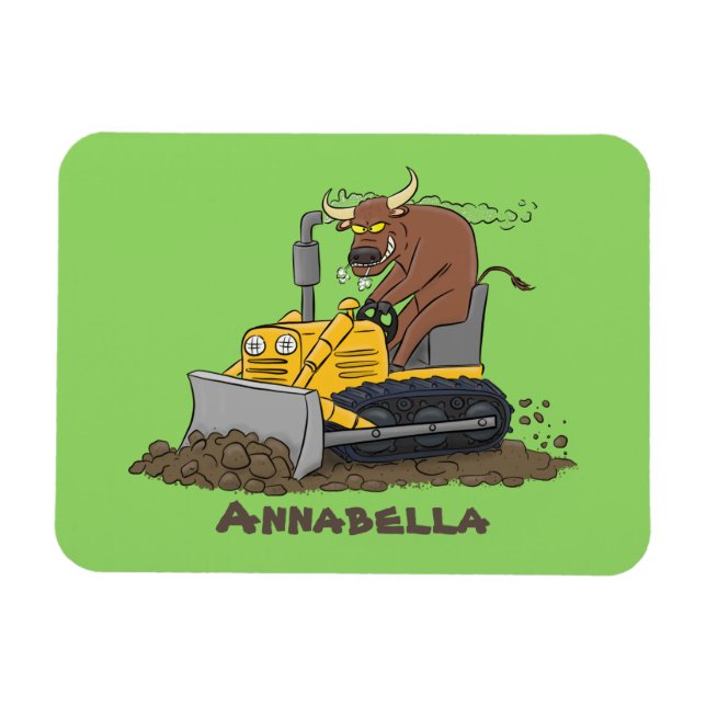 Funny bull driving bulldozer cartoon magnet (Horizontal)