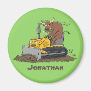 Funny bull driving bulldozer cartoon magnet