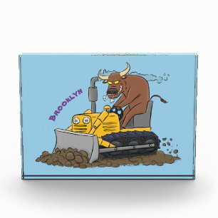 Funny bull driving bulldozer cartoon photo block