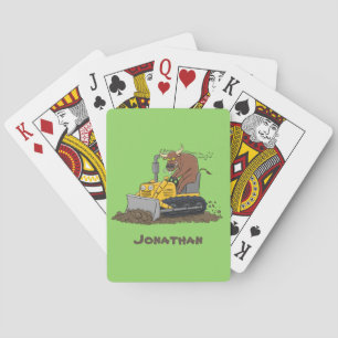 Funny bull driving bulldozer cartoon playing cards