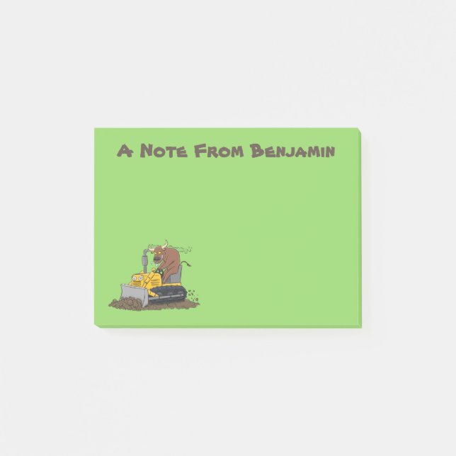 Funny bull driving bulldozer cartoon post-it notes (Front)