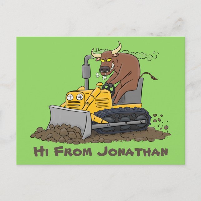 Funny bull driving bulldozer cartoon postcard (Front)