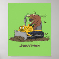 Funny bull driving bulldozer cartoon