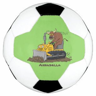 Funny bull driving bulldozer cartoon soccer ball