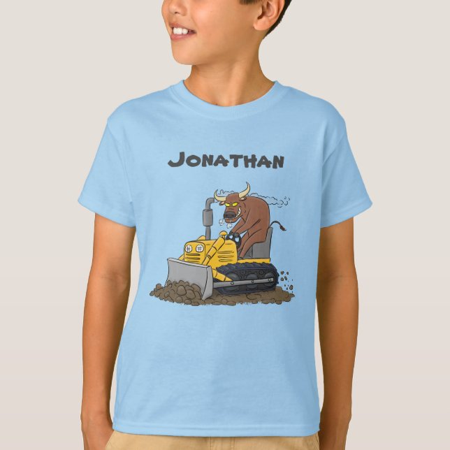 Funny bull driving bulldozer cartoon T-Shirt (Front)