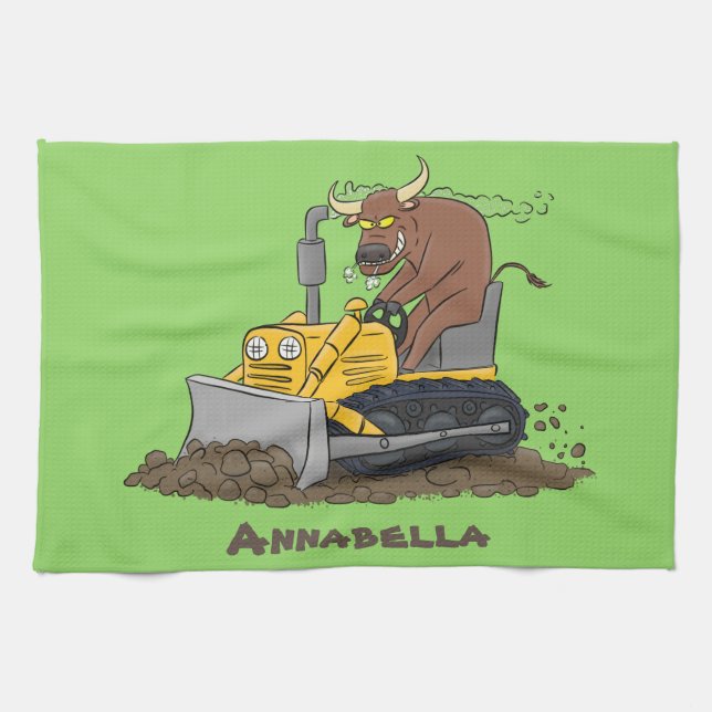 Funny bull driving bulldozer cartoon tea towel (Horizontal)