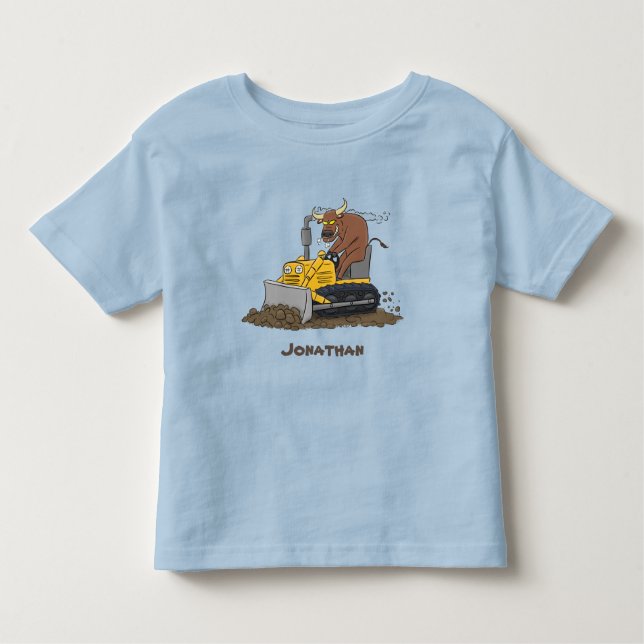 Funny bull driving bulldozer cartoon toddler T-Shirt (Front)