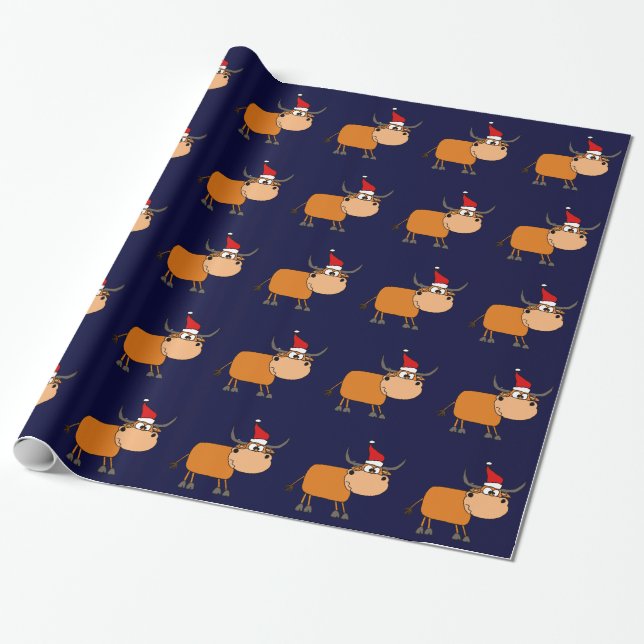 Funny Bull in Santa Hat Christmas Design Wrapping Paper (Unrolled)