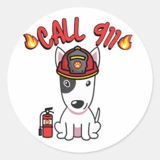 Funny Bull Terrier dog is a firefighter  Classic Round Sticker