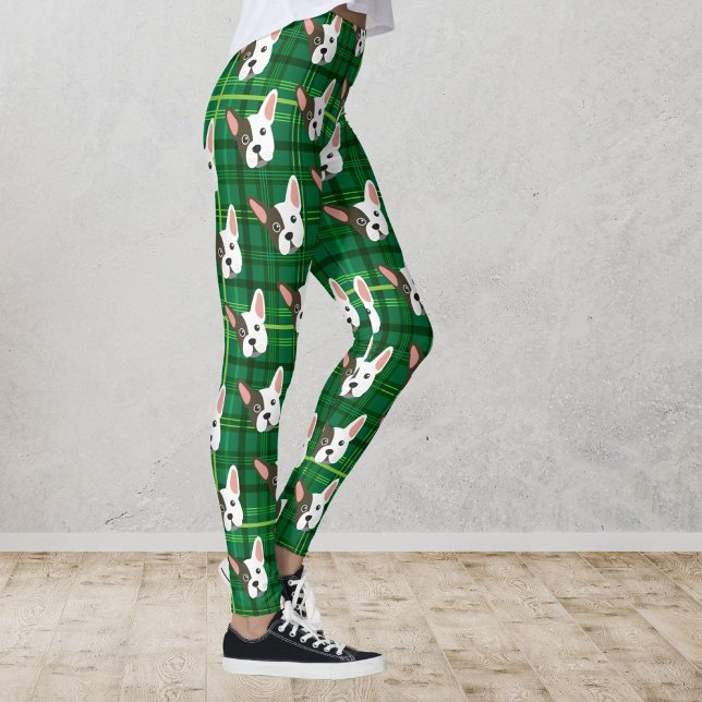 Funny Bulldog Green Plaid Trendy Cute Dog Leggings (Creator Uploaded)