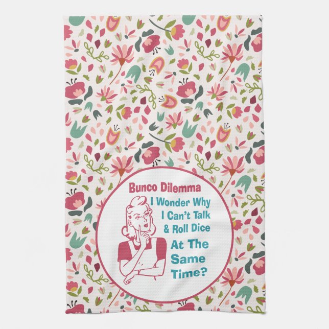 Funny Bunco Dilemma Retro Floral Tea Towel (Vertical)