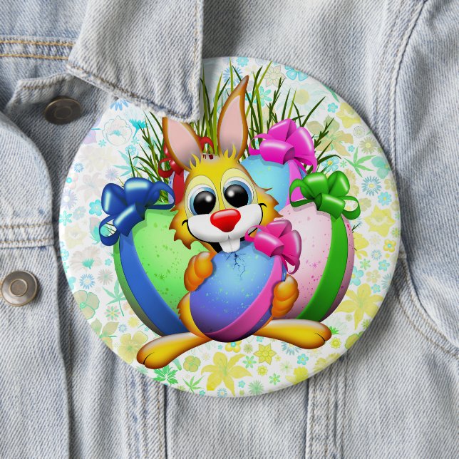 Funny Bunny biting an Easter Egg 6 Cm Round Badge (In Situ)