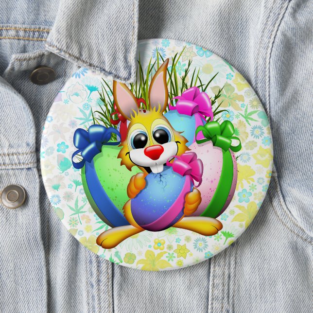 Funny Bunny biting an Easter Egg 6 Cm Round Badge (In Situ)