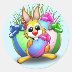 Funny Bunny biting an Easter Egg Classic Round Sticker