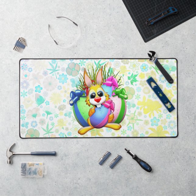 Funny Bunny biting an Easter Egg Desk Mat (Workstation)