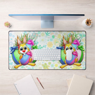 Funny Bunny biting an Easter Egg Desk Mat
