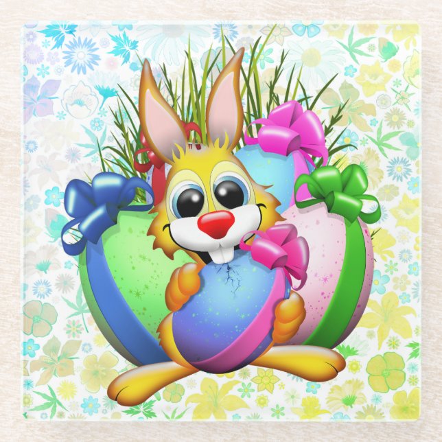 Funny Bunny biting an Easter Egg Glass Coaster (Front)
