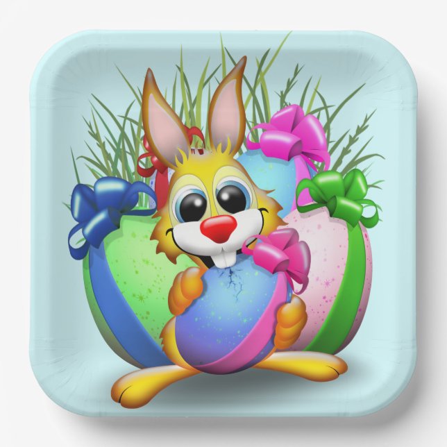 Funny Bunny biting an Easter Egg Paper Plate (Front)