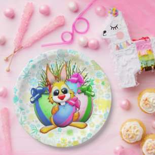 Funny Bunny biting an Easter Egg Paper Plate