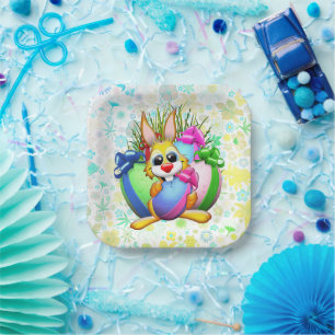 Funny Bunny biting an Easter Egg Paper Plate