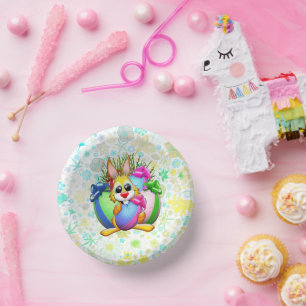 Funny Bunny biting an Easter Egg Paper Plate