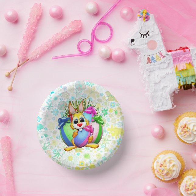 Funny Bunny biting an Easter Egg Paper Plate (Party)