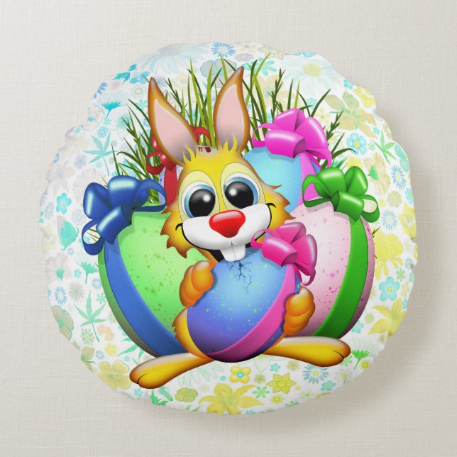 Funny Bunny biting an Easter Egg Round Cushion (Front)
