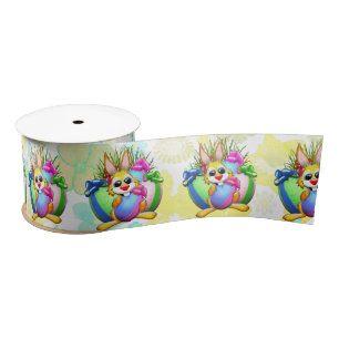 Funny Bunny biting an Easter Egg Satin Ribbon