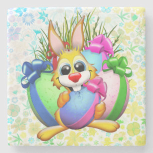 Funny Bunny biting an Easter Egg Stone Coaster