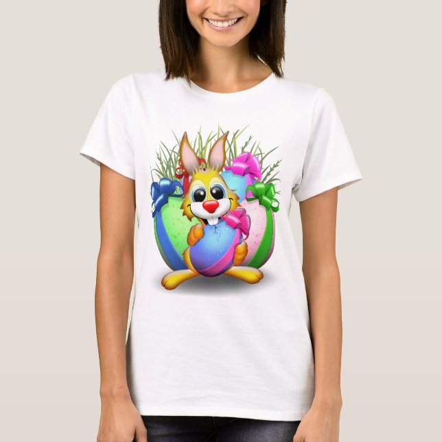 Funny Bunny biting an Easter Egg T-Shirt (Front)