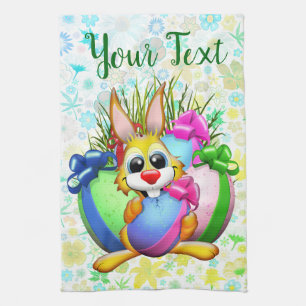 Funny Bunny biting an Easter Egg Tea Towel