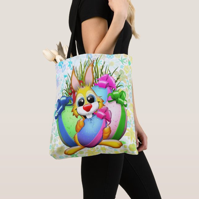 Funny Bunny biting an Easter Egg Tote Bag (Close Up)