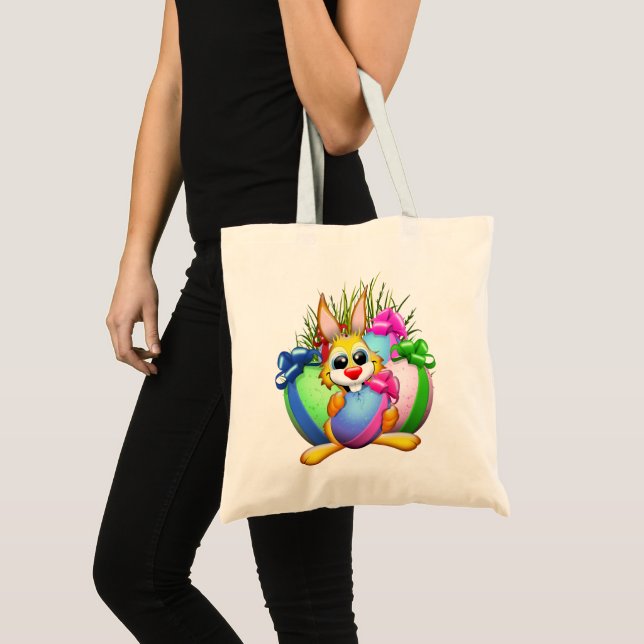 Funny Bunny biting an Easter Egg Tote Bag (Front (Product))