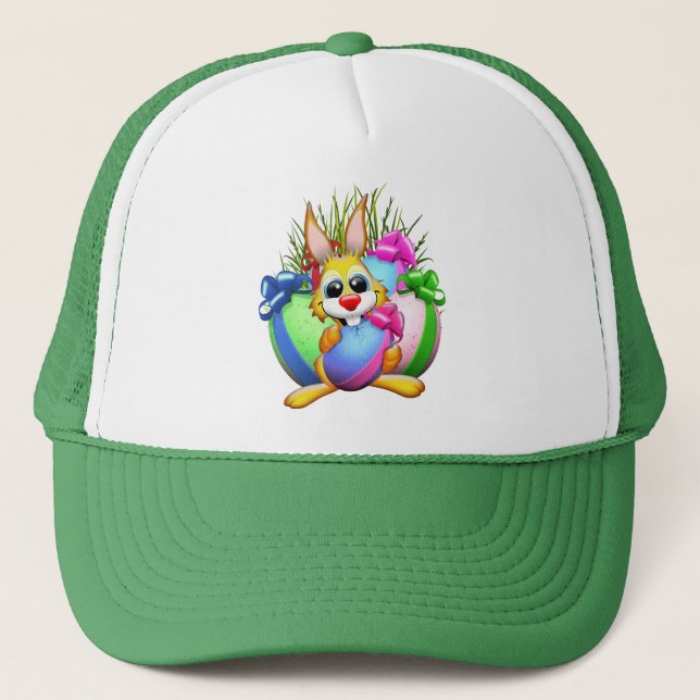 Funny Bunny biting an Easter Egg Trucker Hat (Front)