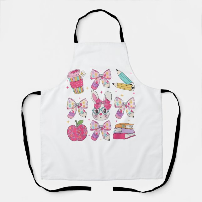 Funny Bunny Coquette Bow Rabbit Teacher Easter Ret Apron (Front)