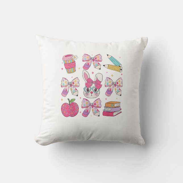Funny Bunny Coquette Bow Rabbit Teacher Easter Ret Cushion (Front)