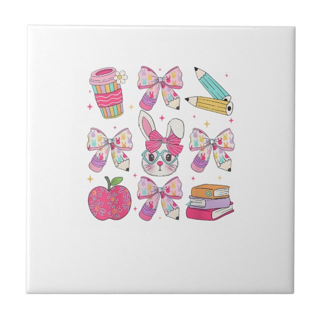 Funny Bunny Coquette Bow Rabbit Teacher Easter Ret Tile (Front)