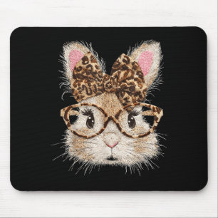 Funny bunny face glasses bandana leopard rabbit mouse pad